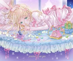 Rule 34 | 1girl, blonde hair, bow, box, braid, cake, christmas, covering own mouth, fantasy, food, gift, gift box, green eyes, hand on another&#039;s head, heart, heart hair, highres, juliet sleeves, kousagi, long sleeves, lying, original, out of frame, pink bow, pink ribbon, princess, puffy long sleeves, puffy sleeves, ribbon, snowflakes, under covers, winter