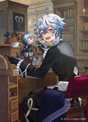 Rule 34 | 1boy, bishounen, black gloves, blue hair, bookshelf, character doll, copyright notice, cup, frilled sleeves, frills, from side, gloves, grey hair, hair between eyes, holostars, holostars english, indoors, light particles, long sleeves, looking at viewer, male focus, mixed-language commentary, multicolored hair, octavio, official art, on chair, open mouth, pink eyes, puppet, sitting, smile, solo, teacup, tri braids, virtual youtuber, yunny (cureyunny)
