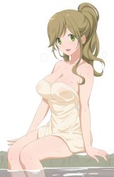 Rule 34 | 1girl, a1 (initial-g), bare shoulders, blush, breasts, brown hair, cleavage, fang, green eyes, inuyama aoi, large breasts, long hair, looking at viewer, naked towel, onsen, open mouth, simple background, sitting, skin fang, smile, solo, thick eyebrows, towel, wet, white background, yurucamp