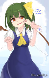 Rule 34 | 1girl, arm grab, arms up, blue background, blue dress, blunt bangs, blush, bow, cheek pinching, circled 9, collar, collared shirt, daiyousei, dark green hair, disembodied limb, dress, dress shirt, embarrassed, green hair, hair bow, hand up, head tilt, highres, holding another&#039;s arm, ascot, light blue background, mikami yuuki (nl8you), open mouth, pinching, ponytail, puffy sleeves, shirt, short ponytail, short sleeves, side ponytail, simple background, sleeveless, sleeveless dress, solo focus, tearing up, tears, touhou, v arms, white shirt, yellow bow