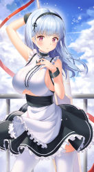 Rule 34 | 1girl, absurdres, apron, arm up, azur lane, bare shoulders, black dress, breasts, choker, clothing cutout, cowboy shot, dido (azur lane), dress, frilled choker, frilled dress, frills, highres, holding, holding sword, holding weapon, kotomaru (sirouko9511), large breasts, long hair, looking at viewer, maid, maid apron, parted lips, pink eyes, railing, silver hair, sleeveless, sleeveless dress, solo, sword, thighhighs, underboob, underboob cutout, weapon, white thighhighs