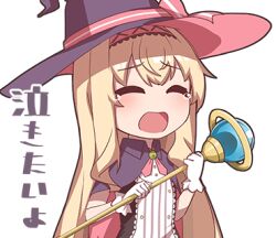 Rule 34 | 1girl, blonde hair, cape, chibi, closed eyes, crying, dress, flat chest, gloves, hair between eyes, hairband, hat, holding, holding staff, holding wand, little witch nobeta, long hair, lowres, nobeta, official art, open mouth, pink hairband, purple cape, purple hat, ribbon, simple background, sleeveless, solo, staff, striped clothes, striped dress, tears, translation request, transparent background, upper body, vertical-striped clothes, vertical-striped dress, wand, white gloves, witch, witch hat