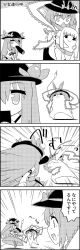 Rule 34 | 3girls, 4koma, arm up, ascot, belt, blouse, boots, bow, carrying, comic, commentary request, ehoumaki, emphasis lines, food, food in mouth, frilled shawl, frills, fruit, greyscale, hair between eyes, hair bow, hand on own hip, hat, hat bow, highres, hinanawi tenshi, hitting, horn ornament, horn ribbon, horns, ibuki suika, knee boots, leaf, long hair, makizushi, monochrome, multiple girls, multiple hair bows, nagae iku, peach, pointing, pointing up, ribbon, saturday night fever, shaded face, shawl, shirt, short hair, short sleeves, sidelocks, skirt, smile, sushi, tani takeshi, touhou, translation request, yukkuri shiteitte ne