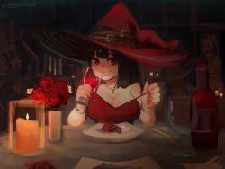 Rule 34 | 1girl, alcohol, black hair, bottle, bouquet, bracelet, breasts, candle, cup, drinking glass, flower, food, hat, hat belt, highres, holding, holding cup, jewelry, large breasts, large hat, multiple bracelets, naughty face, necklace, original, painting (object), plate, red eyes, red nails, red tank top, ring, short hair, smile, souperior, spaghetti strap, strap pull, table, tank top, wine, wine bottle, wine glass, witch hat
