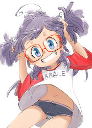 Rule 34 | 1girl, absurdres, adjusting hair, ahoge, bad id, bad pixiv id, bow, bow panties, character name, clothes writing, commentary request, cowboy shot, crotch seam, dr. slump, grin, hand in own hair, head tilt, highres, leaning to the side, long hair, looking at viewer, navel, no pants, norimaki arale, ogihara mach, panties, purple eyes, purple hair, purple panties, raglan sleeves, red-framed eyewear, shirt, short sleeves, simple background, smile, solo, standing, striped clothes, striped panties, t-shirt, underwear, vertical-striped clothes, vertical-striped panties, white background, white shirt