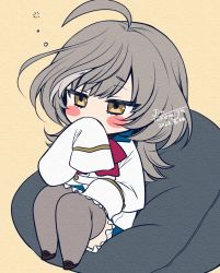 Rule 34 | 1girl, ahoge, artist name, assault lily, bean bag chair, blue skirt, blush stickers, bow, bowtie, brown footwear, chibi, commentary, covering own mouth, dated, frilled skirt, frills, grey hair, grey thighhighs, half-closed eyes, hand over own mouth, hand up, herensuge girls academy school uniform, jacket, long hair, long sleeves, looking away, miniskirt, multicolored hair, oversized clothes, red bow, red bowtie, sasaki ran, school uniform, shoes, sitting, skirt, squeans, sleepy, sleeves past fingers, sleeves past wrists, solo, streaked hair, takemiya jin, thighhighs, white jacket, yellow background, yellow eyes