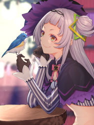 Rule 34 | 1girl, bird, bird on hand, black capelet, black gloves, black hat, blunt bangs, capelet, commentary request, crop top, from side, gloves, hair bun, hair ornament, hat, highres, hololive, long hair, long sleeves, mikan (chipstar182), murasaki shion, murasaki shion (1st costume), one side up, pinstripe pattern, pinstripe shirt, shirt, silver hair, single hair bun, single side bun, smile, solo, striped clothes, striped legwear, striped shirt, striped thighhighs, thighhighs, tilted headwear, vertical-striped clothes, vertical-striped legwear, vertical-striped shirt, vertical-striped thighhighs, virtual youtuber, witch hat, yellow eyes