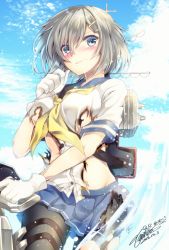Rule 34 | 10s, 1girl, bad id, bad pixiv id, blue eyes, blush, breasts, burnt clothes, commentary request, crying, crying with eyes open, gloves, hair ornament, hairclip, hamakaze (kancolle), kantai collection, large breasts, machinery, neckerchief, pantyhose, pleated skirt, sailor collar, school uniform, serafuku, short hair, signature, silver hair, skirt, solo, tears, yellow neckerchief, yuihira asu