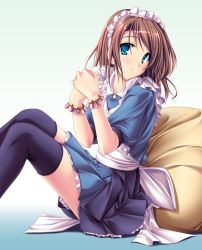 Rule 34 | 1girl, blue eyes, brown hair, female focus, gradient background, hairband, maid, simple background, sitting, solo, tenmaso, thighhighs