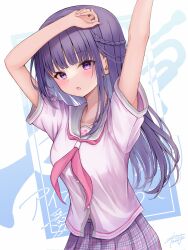 Rule 34 | 1girl, :o, arm over head, arms up, blue background, blunt bangs, blush, braid, breasts, collarbone, commentary, copyright name, einstein yori ai wo komete, eyelashes, grey sailor collar, grey skirt, highres, instrument, long hair, looking at viewer, medium breasts, neckerchief, open mouth, pink neckerchief, plaid, plaid skirt, pleated skirt, purple eyes, purple hair, sailor collar, sakashita iina, school uniform, shirt, short sleeves, side braid, sidelocks, signature, simple background, skirt, smile, solo, straight hair, trumpet, two-tone background, upper body, white background, white shirt, zirupiyo