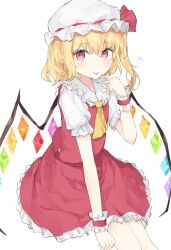 Rule 34 | 1girl, aaegat, ascot, blonde hair, bow, collar, crystal, feet out of frame, flandre scarlet, frilled collar, frilled skirt, frills, hat, hat bow, hat ribbon, heart, highres, looking at viewer, mob cap, multicolored wings, one side up, puffy short sleeves, puffy sleeves, red bow, red eyes, red skirt, red vest, ribbon, short sleeves, simple background, sitting, skirt, skirt set, solo, tongue, tongue out, touhou, vest, white background, white hat, wings, wrist cuffs, yellow ascot