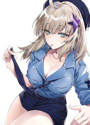 Rule 34 | 1girl, aa-12 (girls&#039; frontline), blonde hair, blue eyes, blue shirt, blue skirt, breasts, candy, cleavage, collarbone, food, girls&#039; frontline, ha9na, hair ornament, hat, lollipop, long hair, looking at viewer, medium breasts, necktie, pencil skirt, police, police hat, police uniform, policewoman, shirt, skirt, solo, star (symbol), star hair ornament, tight clothes, uniform, white background