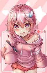 Rule 34 | 1girl, bare shoulders, blush, check copyright, collarbone, commentary, copyright request, fang, hair between eyes, hair ornament, highres, holding, holding pen, hood, hoodie, indie virtual youtuber, kaptivate, looking at viewer, off shoulder, original, pen, pink eyes, pink hair, pink hoodie, pink skirt, pleated skirt, short hair, skirt, sleeves past fingers, sleeves past wrists, solo, thighhighs, virtual youtuber, zettai ryouiki
