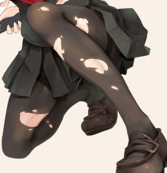 Rule 34 | 1girl, black pantyhose, loafers, on one knee, original, out of frame, pantyhose, parsley-f, school uniform, shoes, simple background, skirt, solo, torn clothes, torn pantyhose, white background