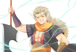 Rule 34 | 1boy, ainu clothes, aquaplus, arm up, blonde hair, cape, gauntlets, greatsword, grin, hand on own hip, holding, holding sword, holding weapon, lightning, long hair, looking at viewer, manyu274, messy hair, mikazuchi (utawarerumono), muscular, muscular male, open clothes, orange scarf, pointy ears, scarf, short sleeves, smile, solo, standing, sword, teeth, upper body, utawarerumono, utawarerumono: itsuwari no kamen, very long hair, weapon, yellow eyes