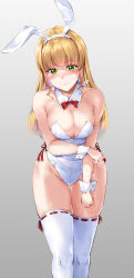 Rule 34 | 1girl, absurdres, animal ears, armlet, ass, ass support, blonde hair, blunt bangs, blush, bow, bowtie, breasts, cleavage, closed mouth, collar, commentary, crowd, detached collar, fake animal ears, fake tail, gradient background, green eyes, grey background, hairband, hands on own ass, heanna sumire, highres, kamishiro ryuu, large breasts, leaning forward, leotard, long hair, looking at viewer, love live!, love live! superstar!!, multiple views, playboy bunny, rabbit ears, rabbit tail, red bow, red bowtie, ribbon-trimmed legwear, ribbon trim, side-tie leotard, smile, solo, sparkle, speech bubble, standing, strapless, strapless leotard, tail, thigh gap, thighhighs, thought bubble, translated, white collar, white leotard, white thighhighs, wing collar, wrist cuffs