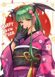 Rule 34 | 1girl, absurdres, ap cammy, black gloves, blunt bangs, floral print, floral print kimono, gloves, green eyes, green hair, happy new year, head wings, highres, japanese clothes, kimono, long hair, looking at viewer, morrigan aensland, new year, print kimono, purple kimono, solo, upper body, vampire (game), wings
