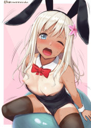 Rule 34 | 10s, 1girl, ;o, animal ears, arms at sides, ball, bare arms, bare shoulders, black leotard, black thighhighs, blonde hair, blue eyes, blush, bow, bowtie, breasts, cameltoe, cleft of venus, collarbone, detached collar, fake animal ears, from above, hairband, kantai collection, kurowan, leotard, long hair, looking at viewer, looking up, nipples, one eye closed, playboy bunny, rabbit ears, ro-500 (kancolle), simple background, sitting, small breasts, solo, strapless, strapless leotard, sweatdrop, tan, tanline, thighhighs, wrist cuffs