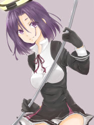 Rule 34 | 1girl, black gloves, breasts, cowboy shot, ear visible through hair, ears visible through hair, gloves, hair over one eye, halo, highres, kantai collection, looking at viewer, maria (maria0304), mechanical halo, medium breasts, polearm, purple background, purple eyes, purple hair, short hair, solo, tatsuta (kancolle), weapon