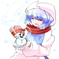 Rule 34 | 1girl, ^ ^, b-q, bow, closed eyes, closed eyes, hair bow, hat, kashuu (b-q), letty whiterock, open mouth, purple hair, red scarf, ribbon, scarf, short hair, smile, snowman, solo, touhou