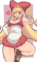 Rule 34 | 1girl, bad hands, blonde hair, blush, boots, breasts, cleavage, cleavage cutout, clothing cutout, cornet espoir, detached sleeves, dress, earrings, flower, green eyes, hat, heart, highres, jester cap, jewelry, kihaiu, large breasts, little princess, long hair, marl kingdom, nippon ichi, one eye closed, open mouth, pink background, princess kururu, puppet princess (marl kingdom), shoes, shorts, smile, solo, standing, star (symbol), v, very long hair, wink