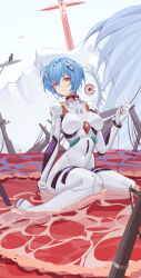 Rule 34 | 1girl, 2others, absurdres, angel (evangelion), ayanami rei, blue hair, bodysuit, breasts, corpse, curvy, the end of evangelion, expressionless, giant, giantess, highres, interface headset, lilith (ayanami rei), lilith (evangelion), luai, medium breasts, multiple others, neon genesis evangelion, plugsuit, red eyes, shiny clothes, short hair, simple background, sitting, skin tight, sky, white background, white bodysuit, wide hips