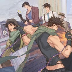 Rule 34 | ..., 5boys, aged up, battle tendency, beard, bomber hat, bomber jacket, brown hair, brown jacket, crop top, facial hair, fingerless gloves, fire, gloves, green eyes, green scarf, grey hair, headband, hermit purple, jacket, jojo no kimyou na bouken, joseph joestar, joseph joestar (old), joseph joestar (young), male focus, midriff, multiple boys, multiple persona, musical note, necktie, old, old man, one eye closed, plant, scarf, smoke, spoken musical note, stand (jojo), stardust crusaders, striped clothes, striped scarf, suspenders, vertical-striped clothes, vertical-striped scarf, vines, white gloves