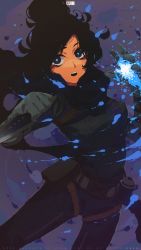 Rule 34 | 1girl, absurdres, animification, apex legends, belt, black bodysuit, black hair, black scarf, blue eyes, bodysuit, breasts, brown belt, chinese commentary, floating hair, hair bun, highres, holding, holding knife, knife, kunai, leaning back, medium breasts, open hand, open mouth, scarf, single hair bun, solo, surprised, thigh belt, thigh strap, weapon, wraith&#039;s kunai, wraith (apex legends), you ren