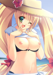 Rule 34 | 1girl, beach, blonde hair, blush, bow, breasts, clothes lift, day, finger to mouth, flower, framed breasts, front-tie top, green eyes, hair bow, hat, head tilt, horizon, large breasts, long hair, looking at viewer, multicolored eyes, nanashi (soregashi), navel, nipples, one eye closed, open mouth, original, outdoors, shirt lift, smile, solo, stomach, sun hat, tareme, twintails, very long hair, water, wink