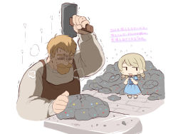 Rule 34 | 1boy, 1girl, apron, bad id, bad pixiv id, beard, blue dress, brown apron, brown hair, brown shirt, chibi, clint (stardew valley), collared dress, dress, facial hair, fingers together, flying sweatdrops, hammer, holding, holding hammer, idolmaster, idolmaster cinderella girls, long hair, morikubo nono, mustache, puffy short sleeves, puffy sleeves, ringlets, shaded face, shirt, short sleeves, standing, stardew valley, sweat, thick eyebrows, translation request, trembling, uccow, white background