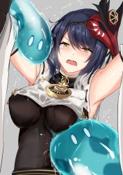 Rule 34 | 1girl, arms up, bird mask, black gloves, blue hair, bodysuit, breast curtains, breasts, detached sleeves, elbow gloves, embarrassed, genshin impact, gloves, grey background, highres, kujou sara, large breasts, mask, mask on head, obi, open mouth, red mask, sash, short hair, slime (creature), slime (genshin impact), swept bangs, tengu mask, watarase piro, wet, wet clothes, yellow eyes