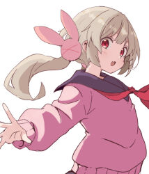 Rule 34 | &gt; &lt;, 1girl, :d, black sailor collar, blush, fang, hair ornament, light brown hair, long hair, long sleeves, looking at viewer, low twintails, natori sana, neckerchief, official alternate costume, open mouth, outstretched arm, pink sweater, rabbit hair ornament, red eyes, red neckerchief, sailor collar, sana channel, simple background, smile, solo, sweater, twintails, upper body, virtual youtuber, white background, youasato