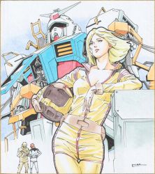 Rule 34 | 1girl, 2boys, amuro ray, blonde hair, bodysuit, breasts, brown headwear, brown jumpsuit, cleavage, collarbone, floating hair, green eyes, gundam, hangar, helmet, highres, holding, holding helmet, jumpsuit, leaning to the side, mecha, medium breasts, mobile suit, mobile suit gundam, multiple boys, parted bangs, pilot suit, robot, rx-78-2, sayla mass, shikishi, short hair, toweling3, traditional media, v-fin, white bodysuit, yellow bodysuit