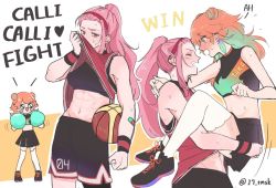 Rule 34 | 17 tmsk, 2girls, aqua hair, artist name, ball, basketball, basketball (object), basketball jersey, blush, carrying, carrying person, cheerleader, commentary, english text, hairband, hololive, hololive english, long hair, midriff, mori calliope, multicolored hair, multiple girls, navel, orange hair, piercing, pink hair, pom pom (cheerleading), ponytail, sports bra, sweatdrop, symbol-only commentary, takanashi kiara, thighhighs, twitter username, two-tone hair, virtual youtuber, white thighhighs, yuri