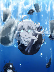Rule 34 | abyssal ship, ahoge, blue eyes, blue theme, colored skin, depth charge, dress, glowing, glowing eyes, hair between eyes, hair over one eye, haty, holding, holding torpedo, huge ahoge, i-class destroyer, ka-class submarine, kantai collection, long hair, monochrome, new submarine princess, pale skin, torpedo, white hair, white skin