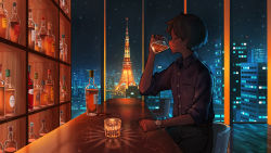 Rule 34 | 1boy, alcohol, bar (place), bar stool, black hair, black shirt, bottle, building, city, cityscape, collared shirt, commentary request, cup, drinking, closed eyes, glass, highres, holding, holding cup, night, original, pasoputi, scenery, shirt, sitting, skyline, skyscraper, sleeves rolled up, stool, tokyo (city), tokyo tower, whiskey, window, wrist cuffs