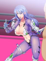 Rule 34 | 103mol/l, 1girl, angry, blue eyes, blue hair, blush, bodysuit, boxing ring, breasts, cameltoe, cleavage, clothed female nude male, fighting stance, floating hair, gloves, highres, holding, large breasts, legs, long hair, looking at viewer, navel, nude, open mouth, original, raised eyebrows, serious, solo focus, standing, thighs