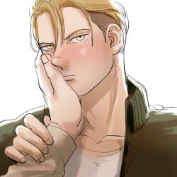 Rule 34 | 2boys, asymmetrical hair, blush, brown eyes, brown hair, brown jacket, closed mouth, hand on another&#039;s face, jacket, male focus, multiple boys, open clothes, open jacket, porco galliard, reiner braun, shingeki no kyojin, shirt, short hair, sidecut, simple background, solo focus, undercut, upper body, white background, white shirt, yamuzo (yamyamzozo), yaoi