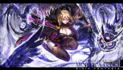 Rule 34 | 1girl, bird, black thighhighs, blonde hair, breasts, character name, cleavage, constance de richelieu, copyright name, gauntlets, hair between eyes, jewelry, large breasts, letterboxed, long hair, mole, mole under eye, original, owl, pixiv fantasia, pixiv fantasia t, purple eyes, ryuuzaki ichi, solo, thighhighs