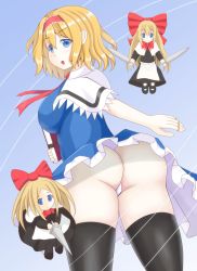 Rule 34 | 3girls, alice margatroid, ass, blonde hair, blue eyes, blush, bow, breasts, dress, fairy, from behind, hair bow, hairband, highres, large breasts, long hair, looking at viewer, looking back, miso inpakuto, multiple girls, open mouth, panties, shanghai doll, shiny skin, short hair, sideboob, sword, thighhighs, thong, touhou, underwear, weapon, wings