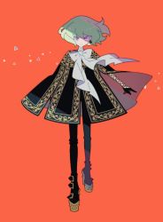 Rule 34 | 1boy, black gloves, black jacket, blonde hair, cape, ascot, earrings, full body, gloves, green hair, half gloves, inaba seiko, jacket, jewelry, lio fotia, looking at viewer, male focus, promare, purple eyes, simple background, solo