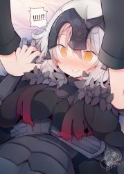 Rule 34 | !?, 1boy, 1girl, :&gt;, ahoge, armor, armored dress, beni shake, black armor, black cape, black gloves, blush, breasts, cape, covered erect nipples, dated, fate/grand order, fate (series), flustered, fur trim, gauntlets, gloves, hand on own stomach, headpiece, interlocked fingers, jeanne d&#039;arc (fate), jeanne d&#039;arc alter (avenger) (fate), jeanne d&#039;arc alter (fate), out of frame, pushing down, short hair, signature, spoken interrobang, swirl, torn cape, torn clothes, white hair, yellow eyes