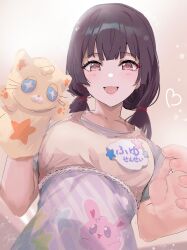 Rule 34 | 1girl, absurdres, alternate hairstyle, black hair, brown eyes, collarbone, commentary, hand puppet, highres, idolmaster, idolmaster shiny colors, light blush, long hair, looking at viewer, low twintails, mayuzumi fuyuko, open mouth, powder is kona, puppet, purple shirt, shirt, short sleeves, smile, solo, symbol-only commentary, translated, twintails, upper body, variant set