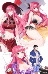 Rule 34 | 1boy, 1girl, artist name, ass, bikini, black hair, breasts, cleavage, commentary request, cooking, dracule mihawk, grill, grilling, hat, heart, joman, korean commentary, large breasts, long hair, navel, one piece, parasol, perona, pink hair, short hair, sketch, swimsuit, tongs, twitter username, umbrella, variations