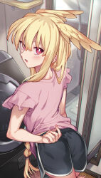 Rule 34 | 1girl, absurdres, ass, black shorts, blonde hair, blush, dolphin shorts, fate/grand order, fate (series), head wings, highres, long hair, looking at viewer, looking back, mitsurugi sugar, open mouth, pantylines, pink shirt, red eyes, shirt, short sleeves, shorts, sidelocks, solo, thrud (fate), valkyrie (fate), washing machine, wings