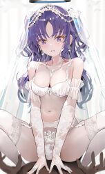 Rule 34 | 1boy, 1girl, absurdres, alternate costume, blue archive, blush, bra, girl on top, gloves, highres, jewelry, long hair, necklace, open mouth, panties, pjkka, purple eyes, purple hair, thighhighs, two side up, underwear, white bra, white gloves, white panties, white thighhighs, yuuka (blue archive)