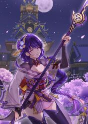 Rule 34 | 1girl, absurdres, architecture, asymmetrical sleeves, black thighhighs, braid, breasts, cherry blossoms, cleavage, commentary, cowboy shot, dated, east asian architecture, engulfing lightning (genshin impact), full moon, genshin impact, hair ornament, highres, holding, holding polearm, holding weapon, japanese clothes, kimono, long braid, long hair, looking at viewer, medium breasts, mole, mole under eye, moon, obi, outdoors, parted lips, polearm, purple eyes, purple hair, purple kimono, raiden shogun, sash, short kimono, single braid, solo, thighhighs, weapon, wide sleeves, yilubixi, zettai ryouiki