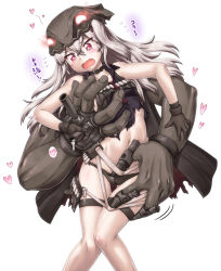 Rule 34 | 10s, 1girl, abyssal ship, black panties, blush, cameltoe, collar, destroyer water oni, gloves, hase yu, heart, kantai collection, long hair, navel, open mouth, pale skin, panties, red eyes, sexually suggestive, simple background, solo, tears, thigh strap, torn clothes, underwear, white background, white hair