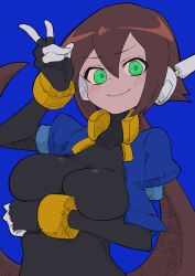 Rule 34 | 1girl, absurdres, aile (mega man zx), arm under breasts, black bodysuit, blue background, blue jacket, bodysuit, bodysuit under clothes, breasts, brown hair, buzzlyears, cropped jacket, green eyes, highres, jacket, large breasts, long hair, looking at viewer, mega man (series), mega man zx, mega man zx advent, open clothes, open jacket, ponytail, simple background, solo, upper body, v