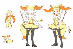 Rule 34 | 1girl, braixen, creatures (company), earrings, elbow gloves, game freak, gen 6 pokemon, gloves, hat, heart, jewelry, konna-nani, looking at viewer, multicolored hair, multiple views, nintendo, orange eyes, personification, pokemon, pokemon (creature), sidelocks, simple background, skirt, smile, stick, tail, thighhighs, white background, zettai ryouiki